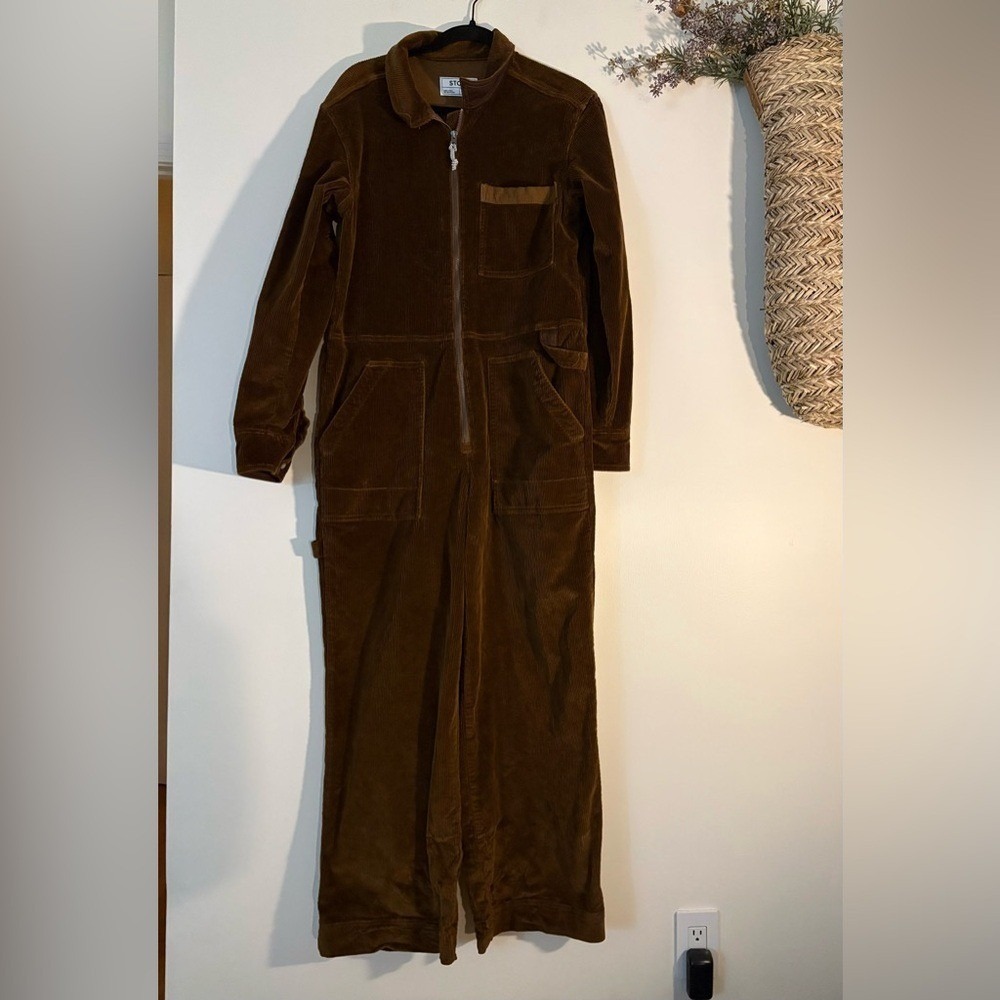 Brown Corduroy Coveralls Wide Leg Jumpsuit M Utility Workwear Relaxed Fit - Picture 3 of 7